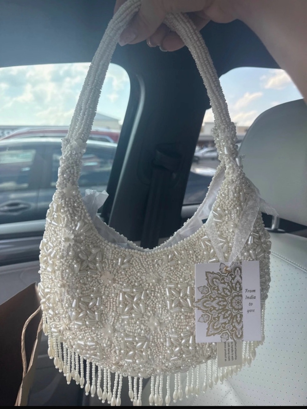 Beaded Pearl Embellished Shoulder Bag - Cream